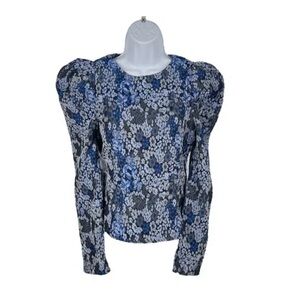 Hyacinth House Priscilla Puff Sleeve Top XS NWT Blue Jacquard Floral Blouse